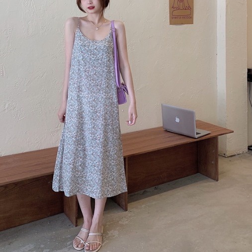 Váy hoa nhí  2 dây nữ MADELA suông dài qua gối phong cách vintage, đầm 2 dây hoa nhí dáng dài