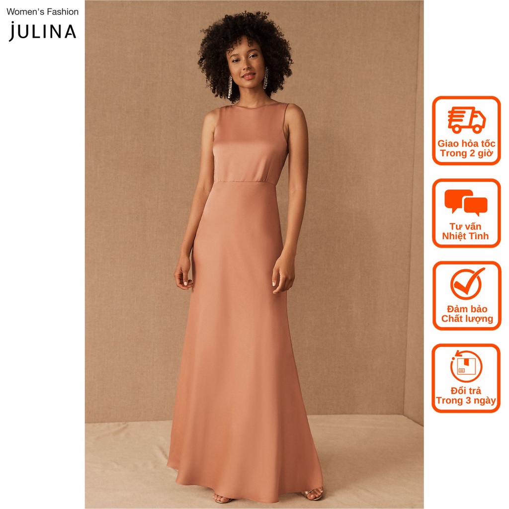 Đầm xòe maxi sát nách satin màu cam sang trọng dự tiệc Julina (không mác) jf723 - Bigsize 16