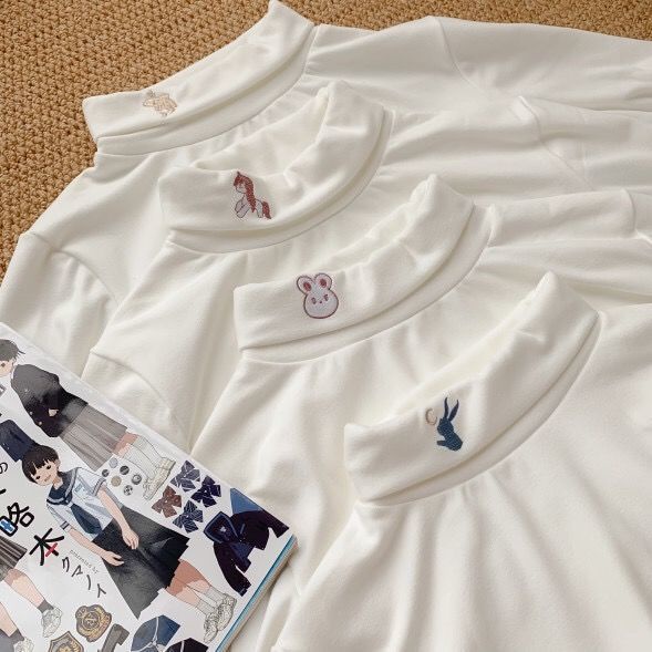 Áo Kiểu Tay Dài Cổ Cao Thêu Họa Tiết Dễ Thương Xinh Xắn Cho Nữ