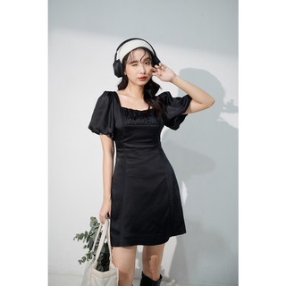 Đầm kiểu ngắn mini 2 lớp tay bí bản dây sau cutout thời trang GAGO màu đen GG4151