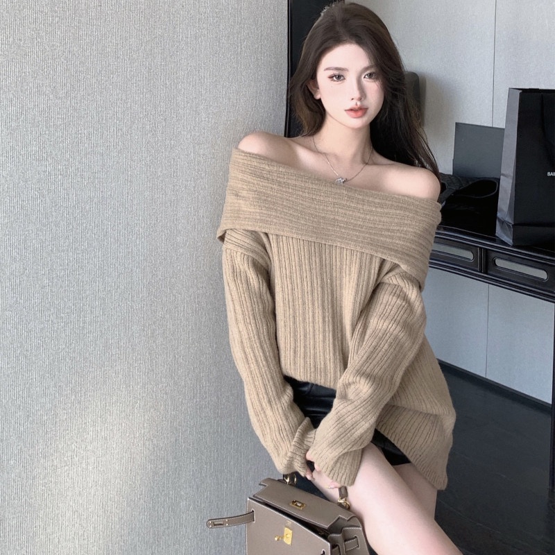 Áo Sweater Dệt Kim Trễ Vai Dáng Rộng Thời Trang Thu Đông Cho Nữ