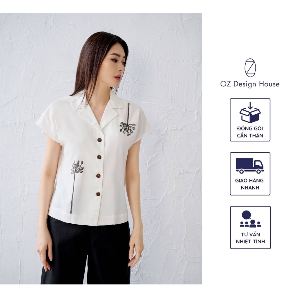 Áo sơ mi OZ Design House AO01218XHE22 linen cổ hai ve thêu hoa cách điệu màu trắng