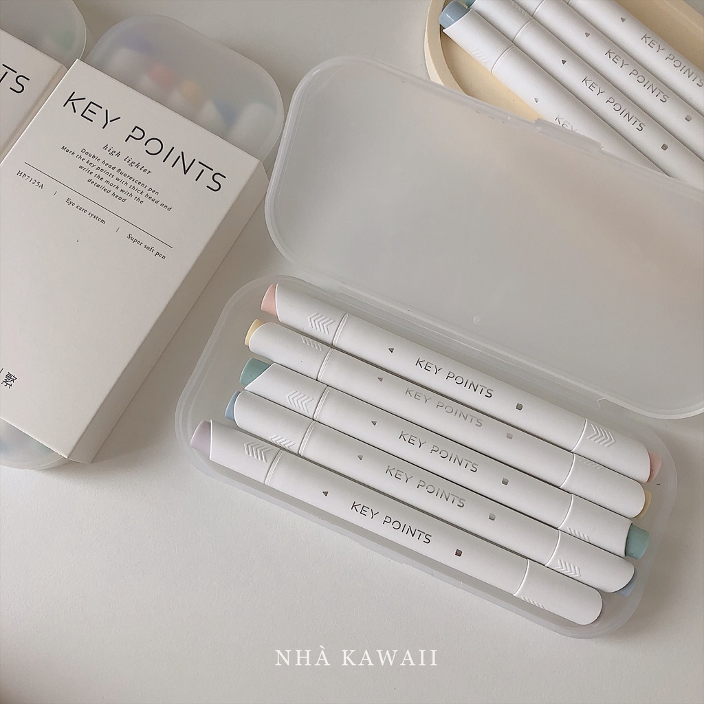 Hộp bút highlight KEY POINTS màu pastel, bút đánh dấu 2 đầu (tặng kèm hộp)