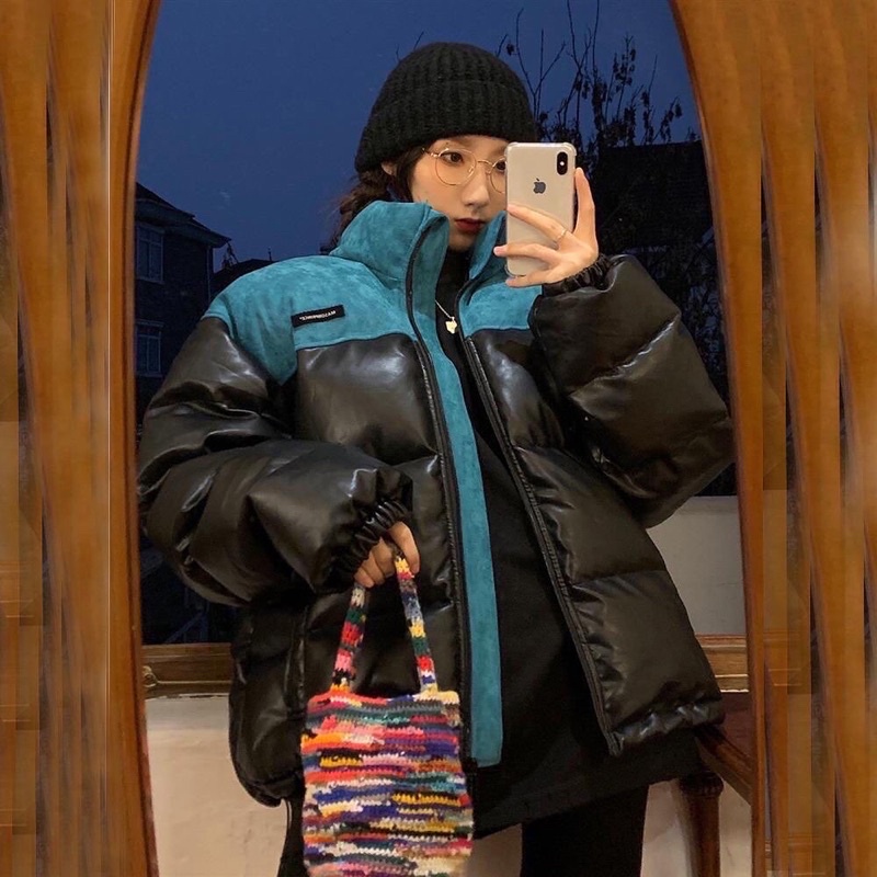 Áo khoác phao béo da phối màu nhung có túi phong cách retro đơn giản FOOTMADE