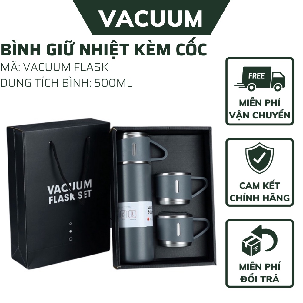 Bình Giữ Nhiệt kèm 2 Ly Vacum Flask 500ml Inox Cao, Màu Ngẫu Nhiên Cao Cấp, Bảo Hành 6 Tháng