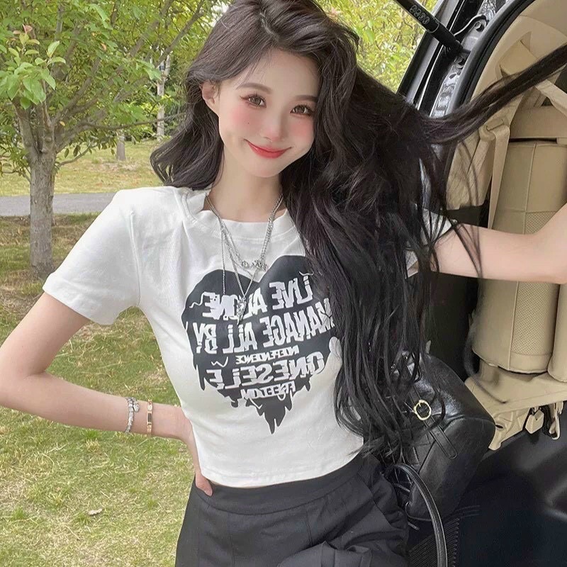 Áo croptop nữ ôm body cổ tròn tay ngắn phong cách hàn quốc in hoạ tiết trái tim lửa