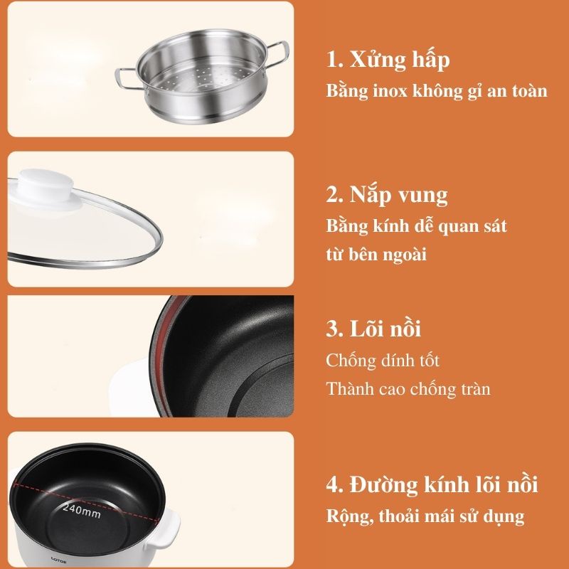 Nồi Lẩu Mini Lotor Cắm Điện Đa Năng Rán, Chiên, Xào Có Lớp Chống Dính Cao Cấp Kèm Xửng Hấp Siêu Tiện Lợi