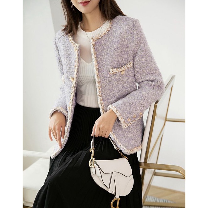 Áo khoác dạ tím tweed phong cách tiểu thư, hoàng gia dáng ngắn áo cardigan dạ dày dặn
