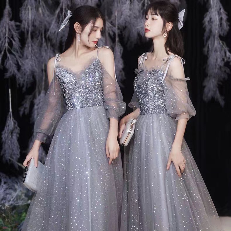 Đầm Dự Tiệc Dáng Chữ A Cổ V Trễ Vai Đính Kim Sa Lấp Lánh Gợi Cảm