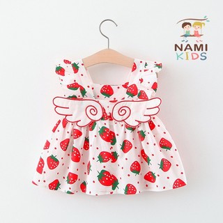 [XẢ KHO LẺ SIZE] 187:B2 Váy hè cánh tiên cho bé gái họa tiết dâu tây đáng yêu chất cotton Quảng Châu mỏng mát