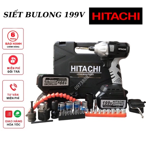 Máy Siết Bulong Hitachi 198VF 2 PIN Đầu 2 Trong 1, Máy Bắn Bulong Không Chổi Than Khoan Tường Bắn Vít Mở Ốc Xe Pin Khỏe