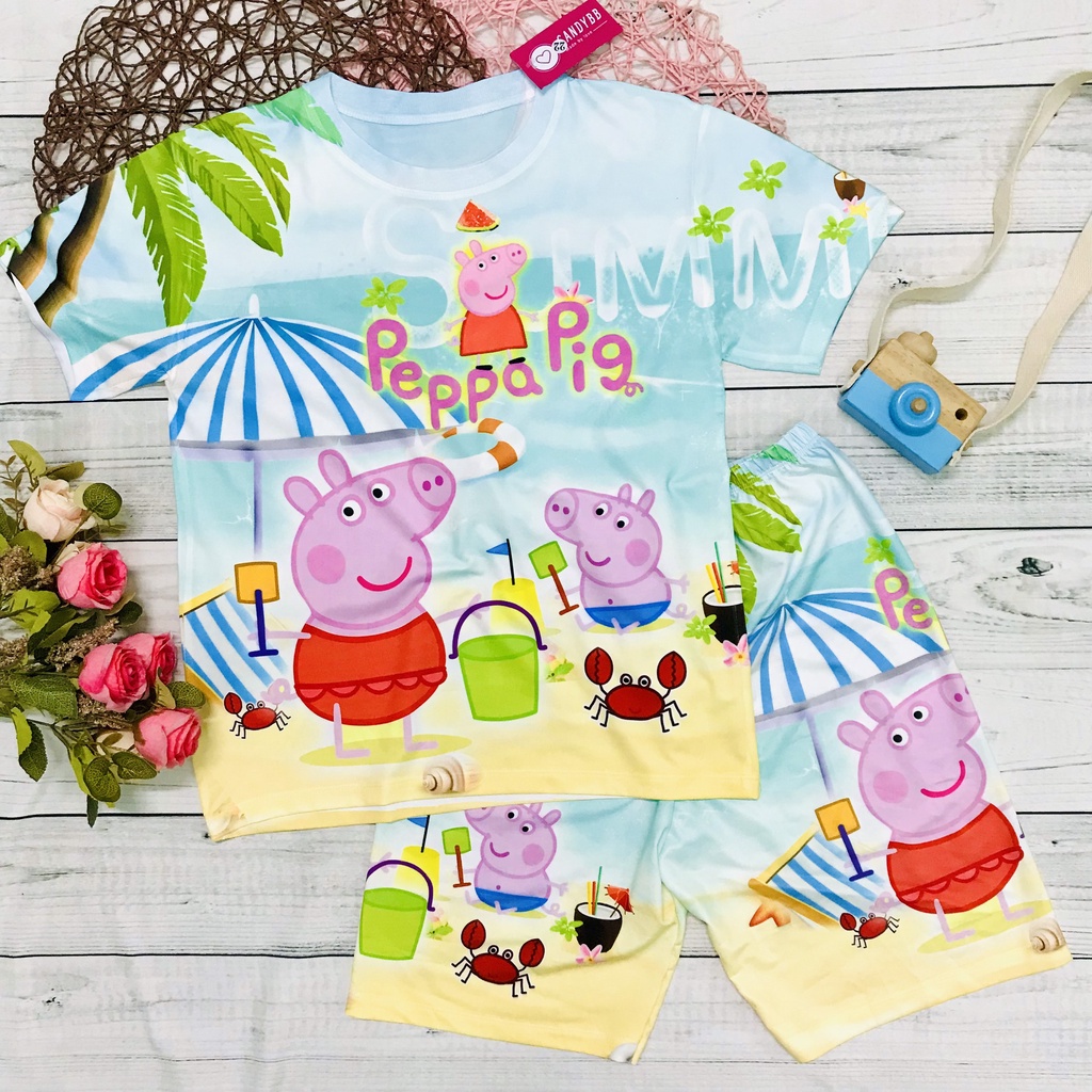 Đồ bộ thun lạnh cộc tay bé trai bé gái in 3D hình Gia Đình Heo Peppa cho bé thoáng mát