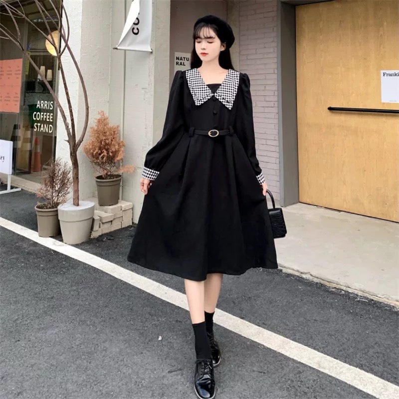 Váy đầm cổ kẻ hai màu đen nâu dài qua gối kèm dây thắt lưng phong cách Hàn Quốc MS2123
