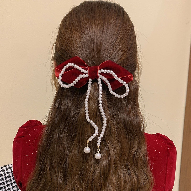 Kẹp Tóc Hình Nơ Lớn Màu Đỏ Phong Cách Retro Cho Nữ