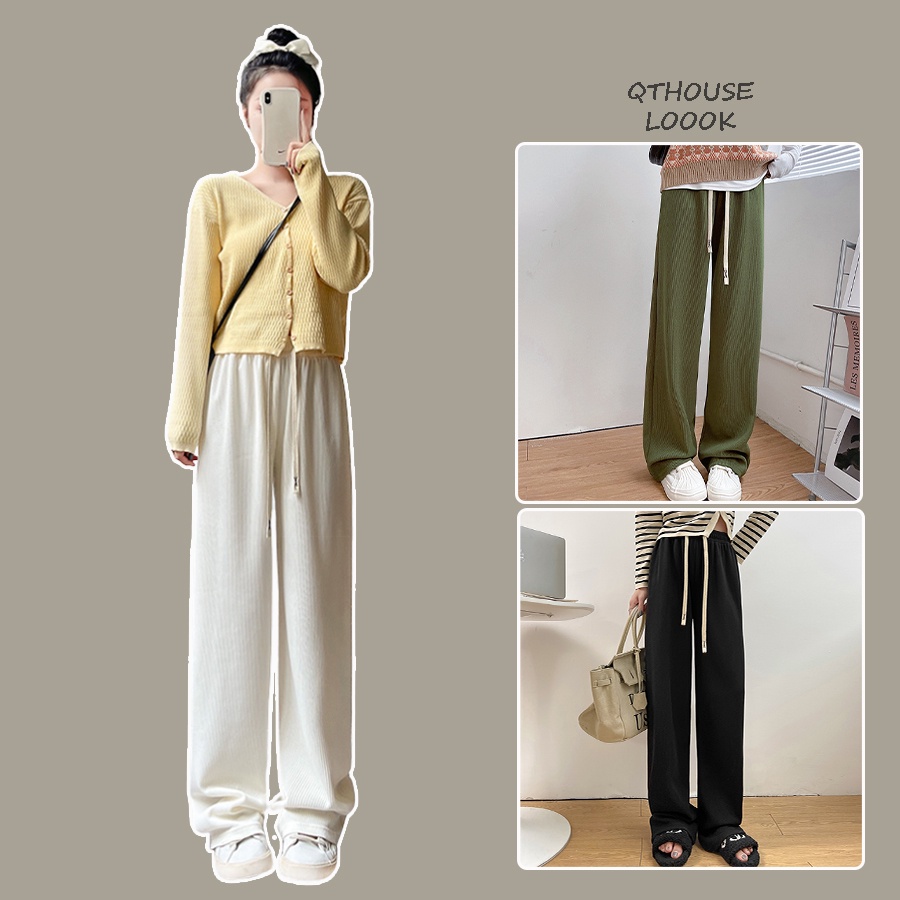 Quần ống suông rộng nhung tăm lưng cạp cao Qthouse , quần nữ vải culottes lưng thun co giãn