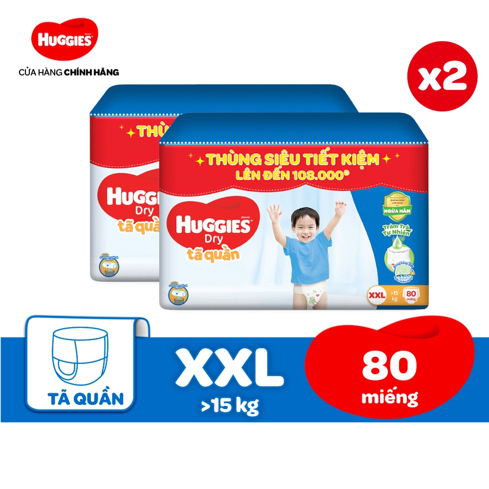 Combo 2 Thùng Tã quần Huggies Tràm Trà Tự Nhiên Dry Pants Mega Jumbo XXL80