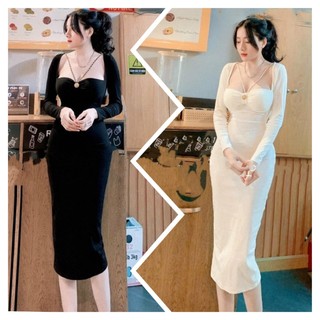 Đầm body tay dài khoen ngực phối xích siêu xinh chất thun Borip