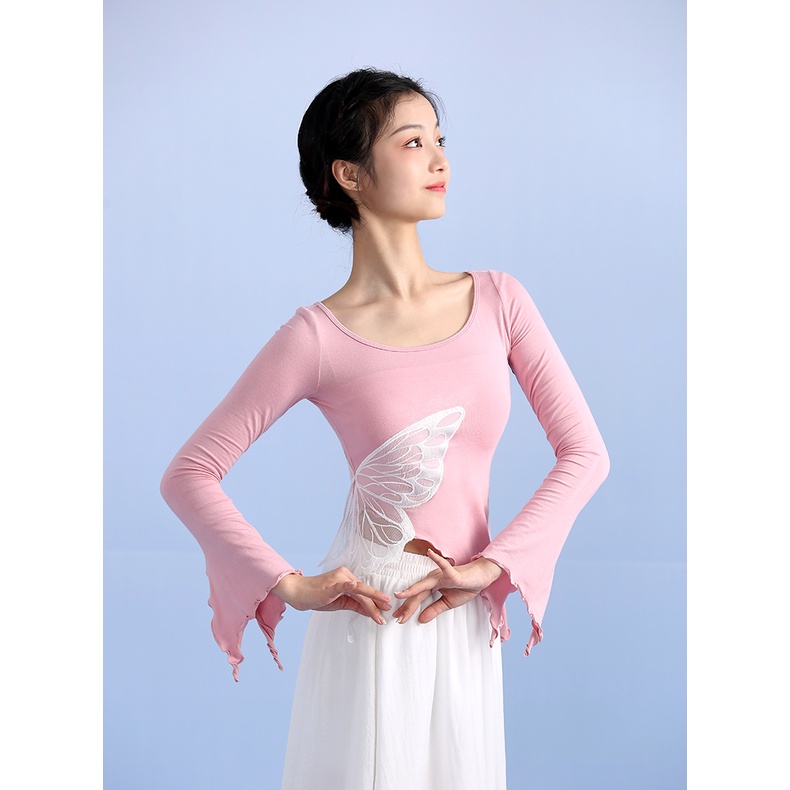 Bộ Trang Phục Biểu Diễn Múa Tay Dài Cổ Tròn Màu Hồng Trắng Phong Cách Trung Hoa