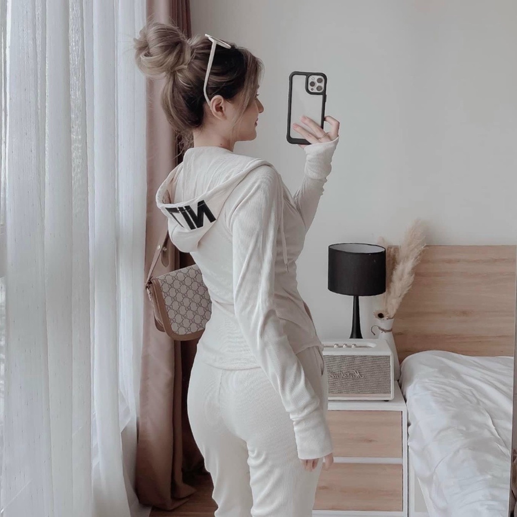 [10.10 Sales Freeship] Set bộ thun gân nữ, set bộ áo dài tay khóa kéo có nón, quần ôm dài ống túm đi chơi trẻ trung dx