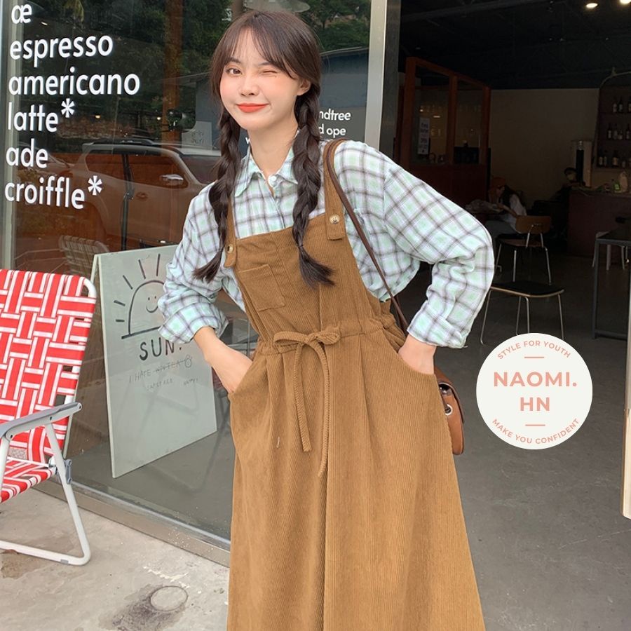 Váy yếm 2 dây bản to form rộng NHUNG TĂM BUỘC EO dáng xòe, váy yếm gân tăm nữ dáng dài rộng nhung tăm babydoll