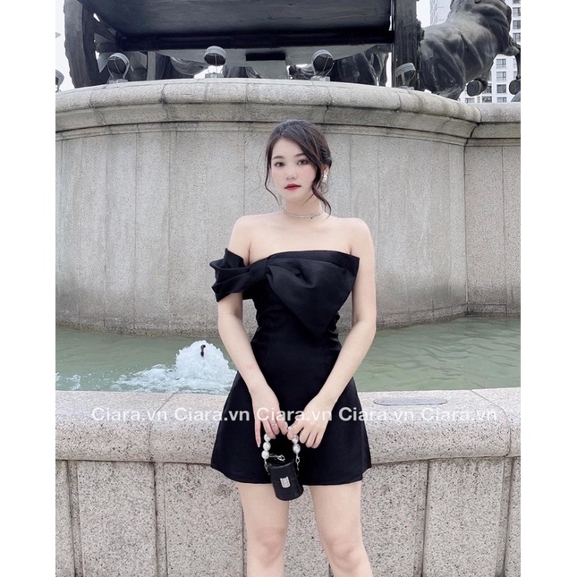 (SALE) Đầm ống đen dáng chữ A ngắn nơ ngực
