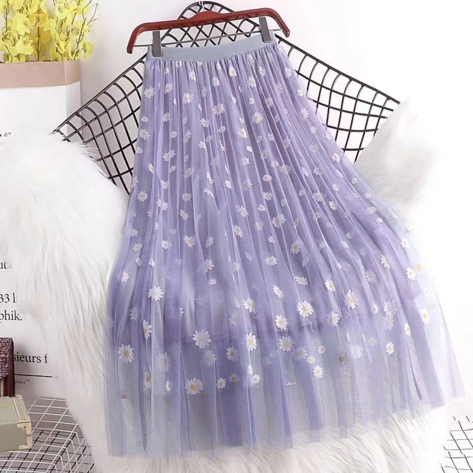 Chân Váy Lưới Dáng Chữ A Dài Lưng Cao Xếp Ly In Họa Tiết Hoa Cúc Phong Cách Hàn Quốc Cho Bé Gái 11-14 Tuổi