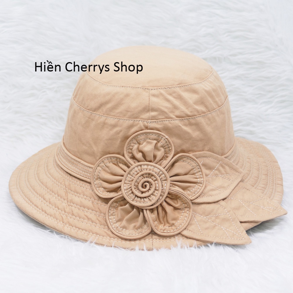 Mũ bo vành rộng 7cm ,nón tai bèo vành rộng gắn hoa và lá- Chất liệu cotton cao cấp của AT phù hợp cho các bạn nữ.