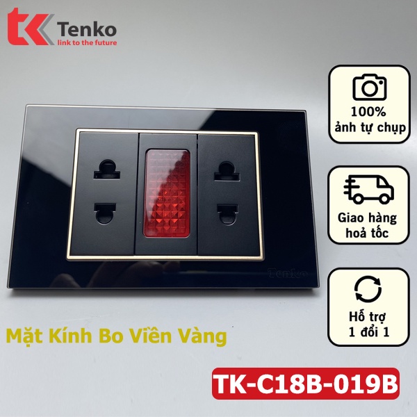 Ổ cắm Đôi 2 Chấu Kèm đèn LED báo điện Mặt Kính Cường Lực Màu ĐEN Viền VÀNG Thương Hiệu Nhật TK-C18B-019A