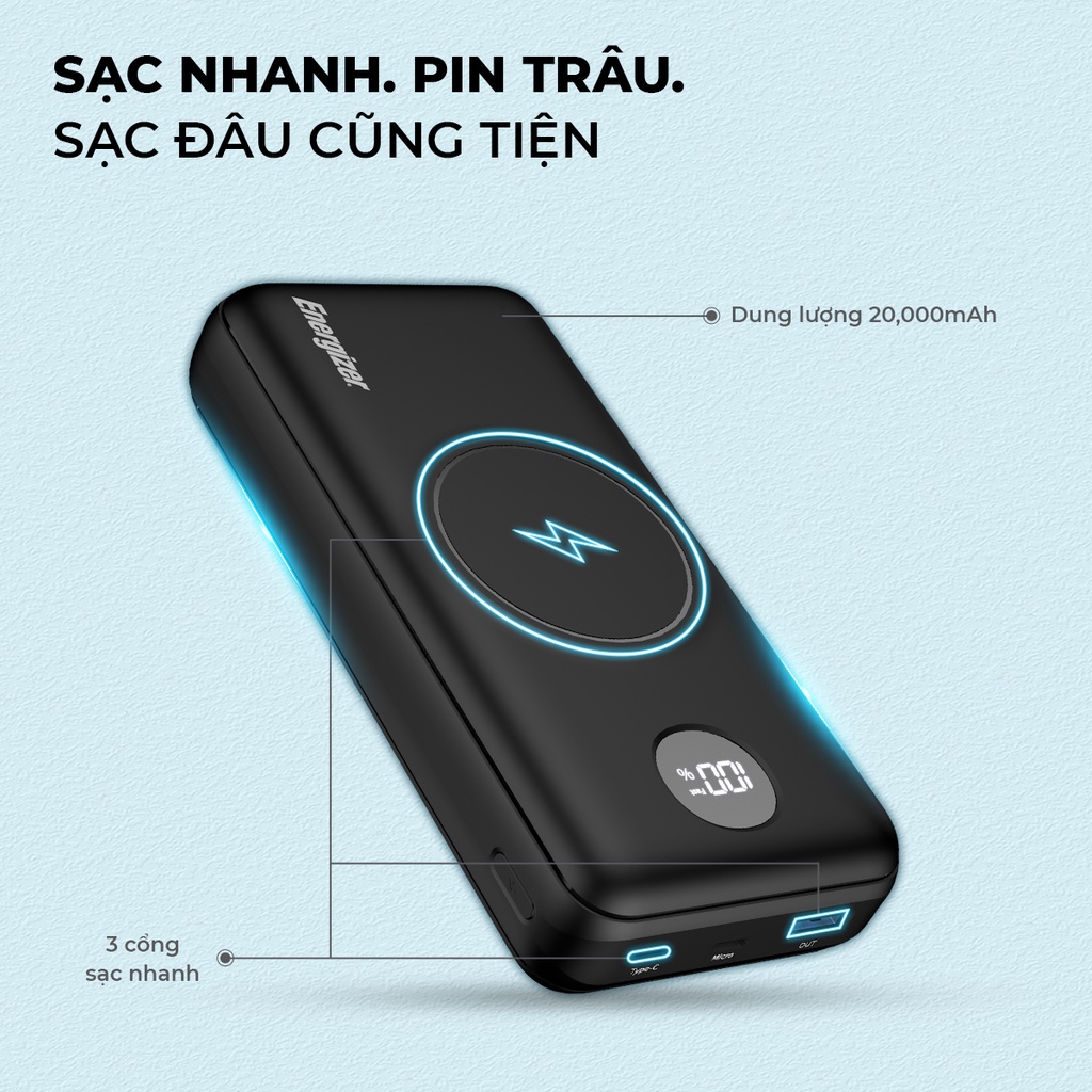 Pin dự phòng Energizer 20000mAh QE20013PQ - 3 cổng sạc tiện lợi, tích hợp sạc nhanh hai chiều - Hàng chính hãng