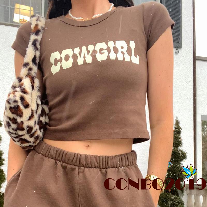 Áo Thun Crop Top Tay Ngắn Cổ Tròn In Chữ Phong Cách Đường Phố Cho Nữ