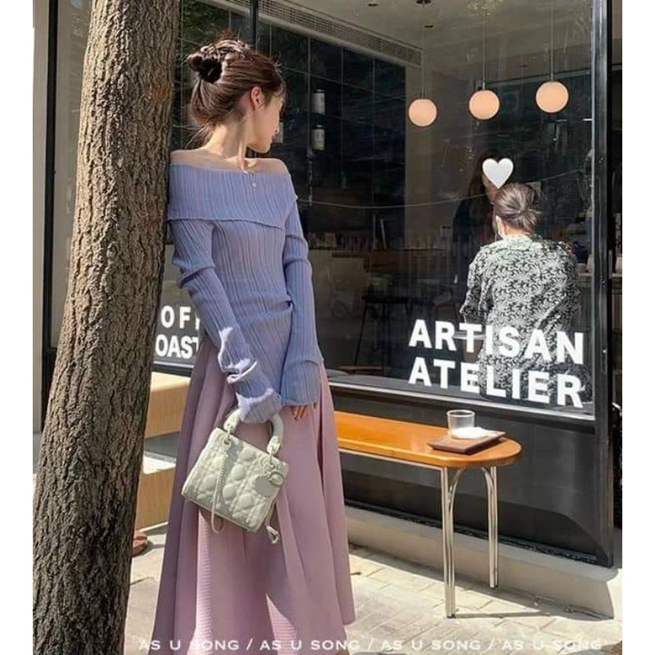 Áo len xẻ vạt trễ vai hàng QC