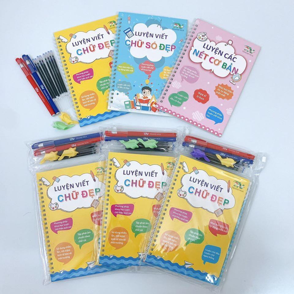 Combo 3 Quyển Luyện Viết Chữ, Số, Nét Cơ Bản Tự Xóa Thông Minh Cho Bé - Tặng Kèm Bút Mực Bay Màu