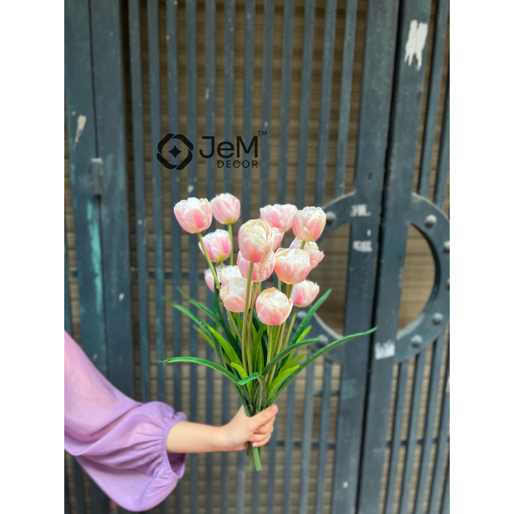 Hoa tulip cành kép 3 bông, hoa lụa giả, trang trí nhà cửa