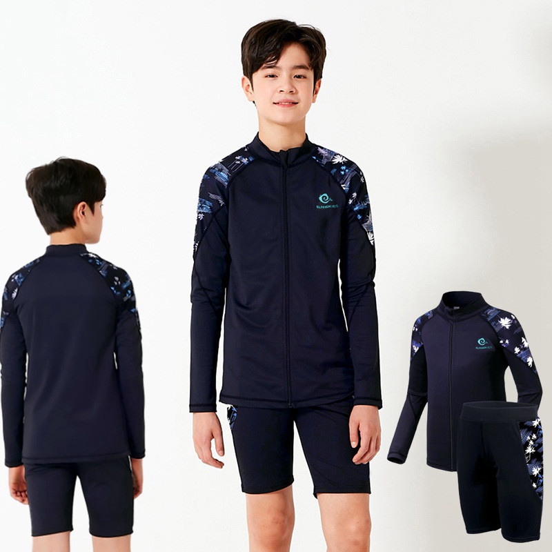 Bộ Đồ Bơi 2 Mảnh Gồm Áo Tay Dài + Quần Ngắn In Họa Tiết Thời Trang Nhanh Khô Cho Bé Trai 9-14 Tuổi