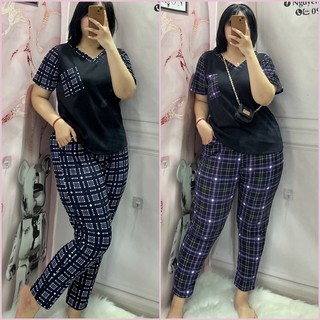 Sét Bộ Bigsize Nữ quần caro phối áo đen 68kg /95kg