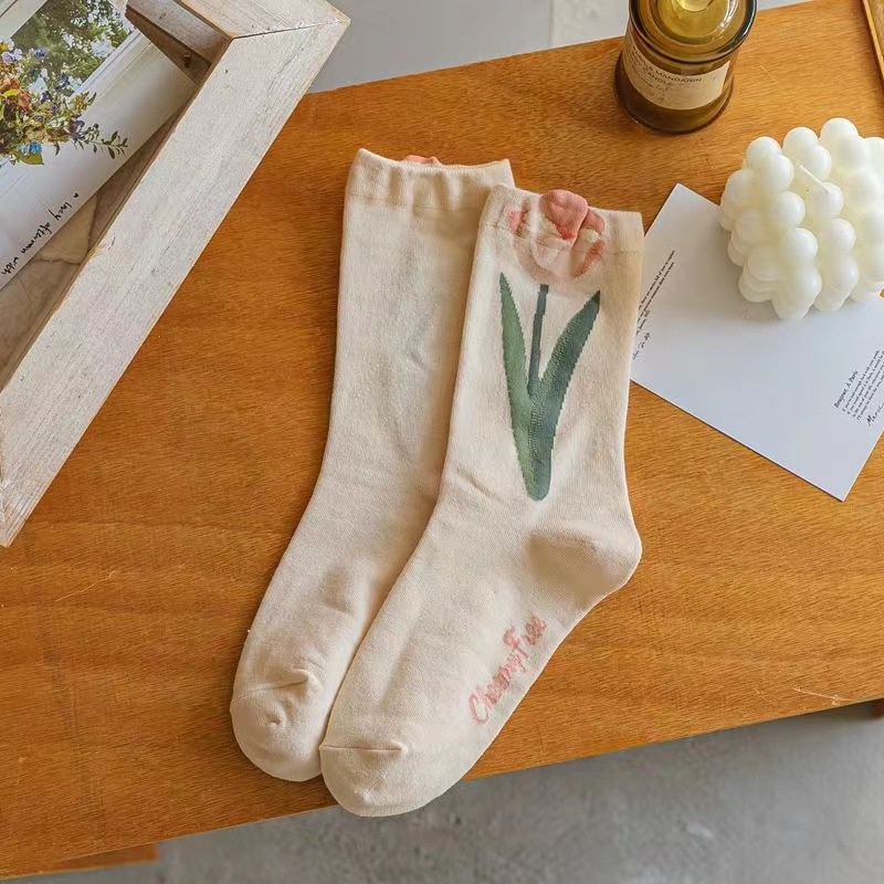 Vớ Dài Trung Bình Họa Tiết Hoa Tulip Mori Mới Mùa Thu Đông Dễ Phối Đồ Cho Nữ