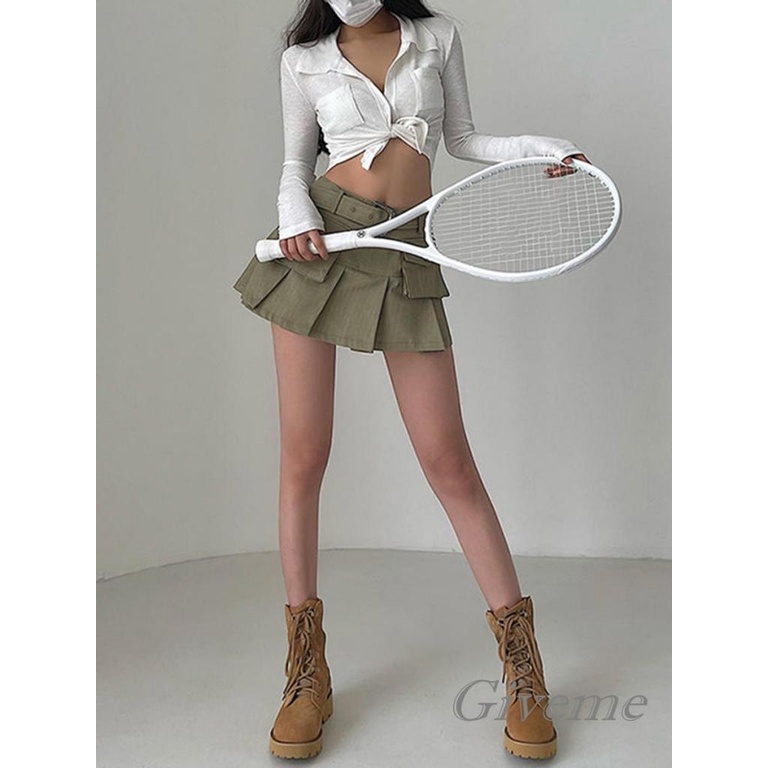 Chân Váy Mini Lưng Cao Xếp Li Màu Trơn Kèm Túi Thời Trang Mùa Hè Cho Nữ