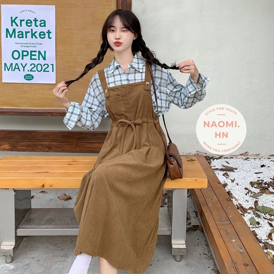 Váy yếm 2 dây bản to form rộng NHUNG TĂM BUỘC EO dáng xòe, váy yếm gân tăm nữ dáng dài rộng nhung tăm babydoll