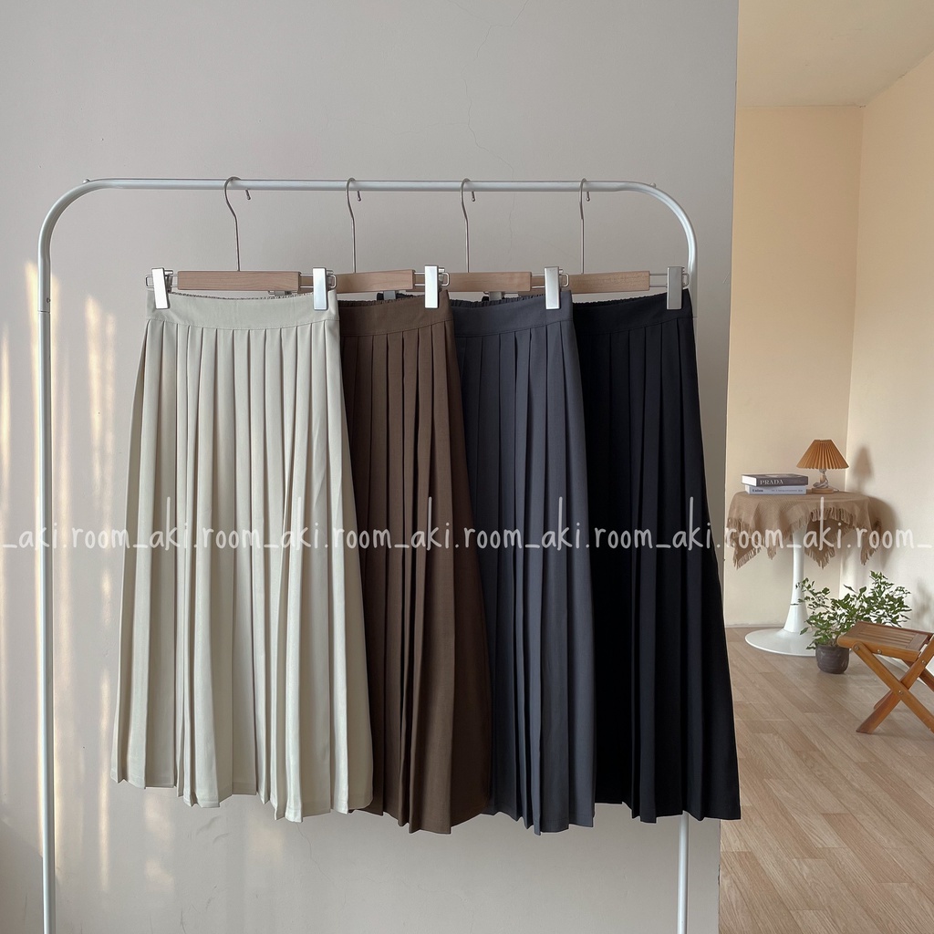 Chân váy dài xếp ly nhỏ mặt trước cạp lưng chun chất cát (có lớp lót) 9156