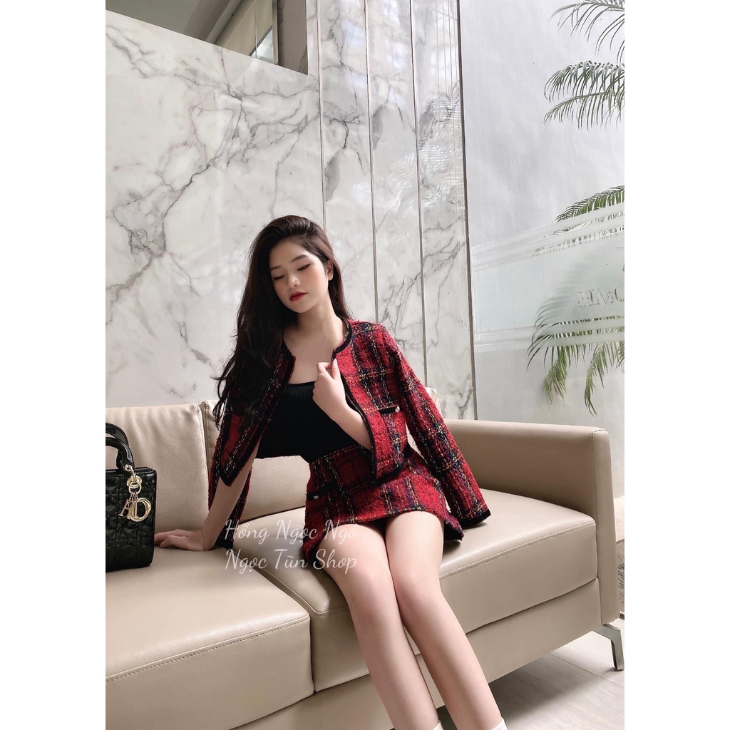 Set 3 món dạ caro đỏ+khoác croptop cổ tròn+áo 2 dây đen+chân váy💖 KÈM ẢNH THẬT