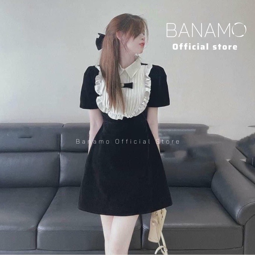 Váy nhung chính hãng Banamo Fashion đầm nhung đen cổ nơ pha bèo trắng tiểu thư 556 | BigBuy360 - bigbuy360.vn