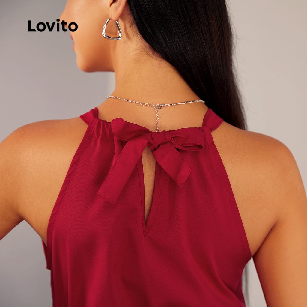 (Hàng có sẵn) Lovito Bộ Áo Liền Quần Eo Chun Buộc Dây Thanh Lịch Cho Nữ L20D1552 (Màu Đỏ )