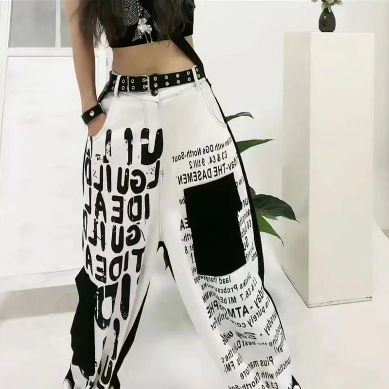 Quần Baggy Jeans In Chữ Phối Túi Độc Đáo Thời Trang Mùa Thu Cho Nữ