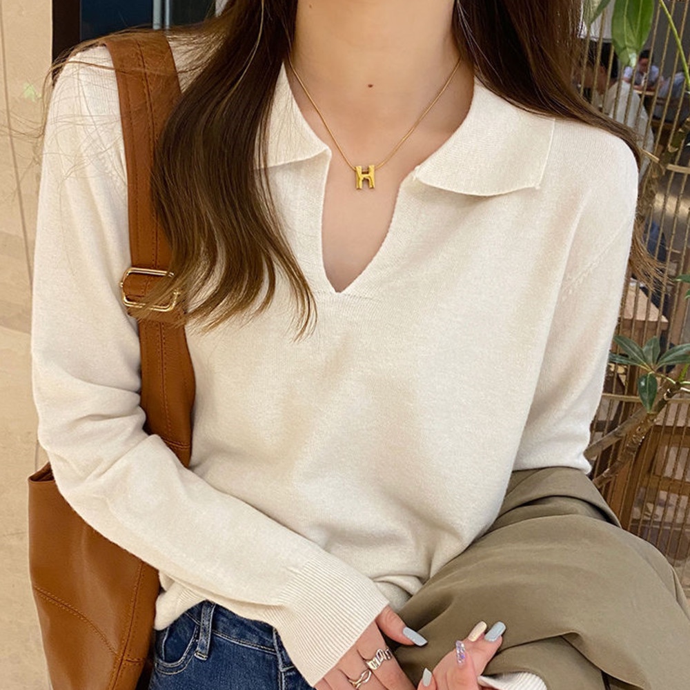 Áo Sweater Dệt Kim Mỏng Tay Dài Cổ polo Màu Sắc Đơn Giản Thời Trang Thu Đông Cho Nữ