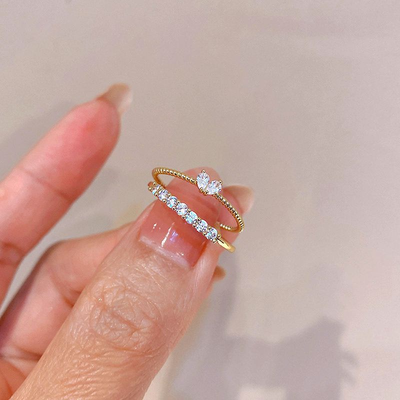 Set 2 Nhẫn Hở Mạ Vàng Trang Trí Hình Trái Tim Đính Đá Sang Trọng Cho Nữ