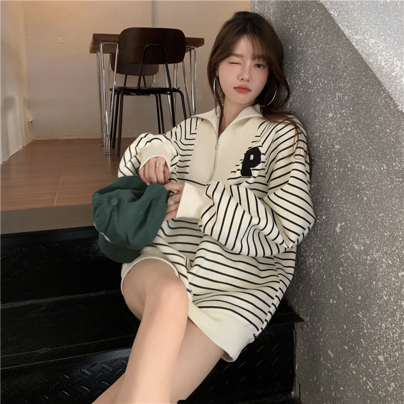 Áo thun SUXI polo dài tay họa tiết sọc ngang thời trang dành cho nữ