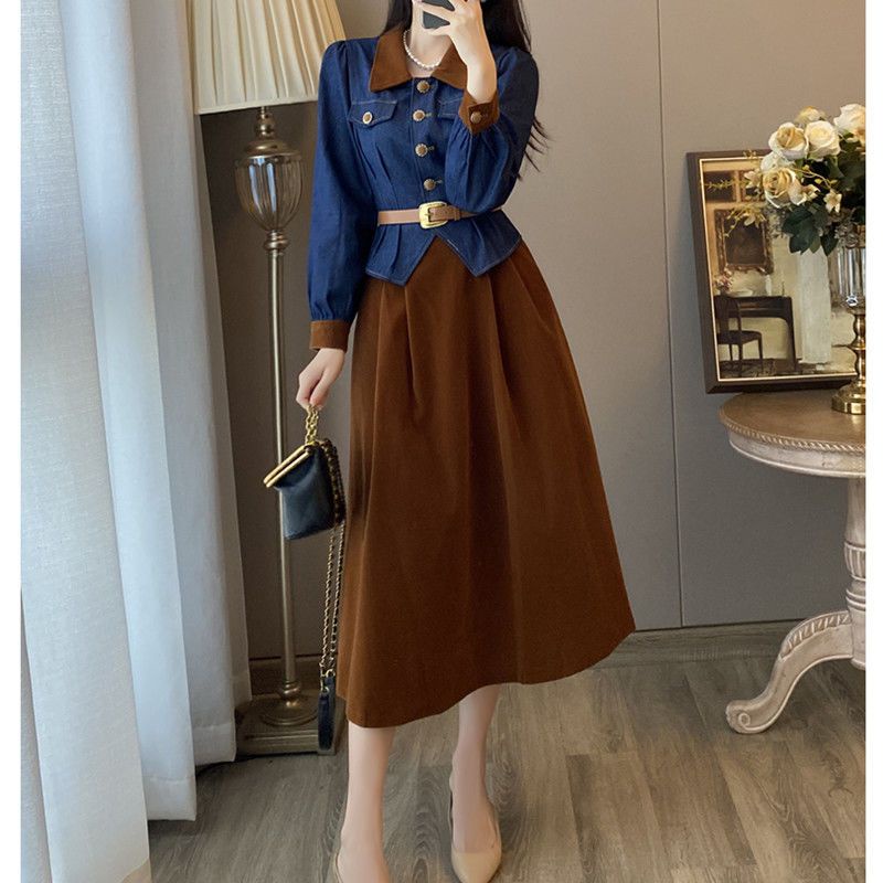 Bộ Áo Sơ Mi Denim + Chân Váy Lưng Cao Thời Trang Retro Cao Cấp Cho Nữ 2022