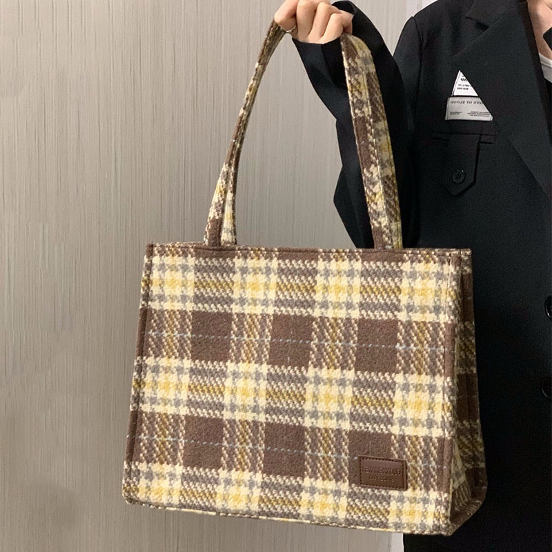 Túi Xách Đeo Vai Vải Len Sức Chứa Lớn Họa Tiết Sọc Caro Phong Cách retro Chất Lượng Cao Cho Nữ