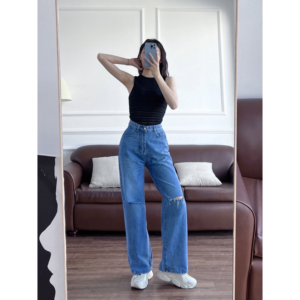 Quần Jeans ống rộng lưng cao Ulzzang hàng cao cấp, Quần Simple Jeans ống rộng cạp cao rách gối