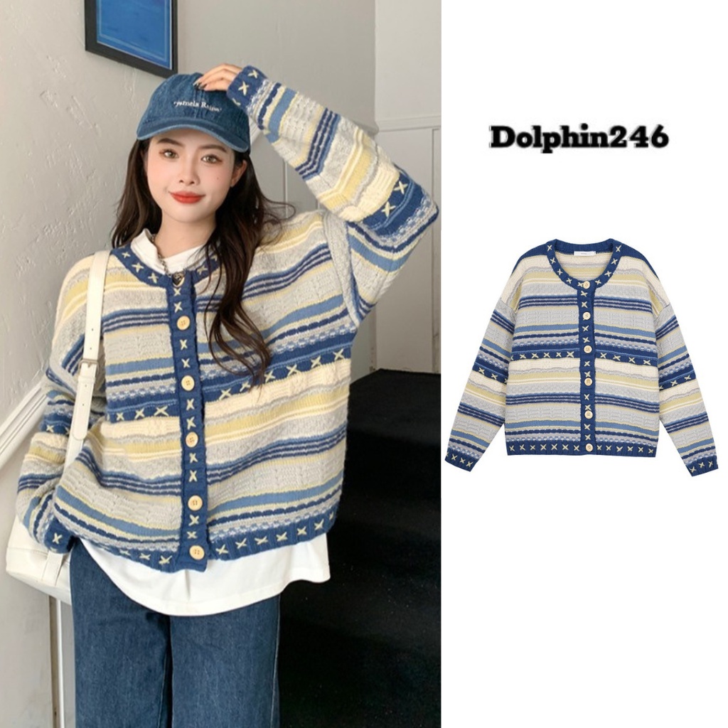 Áo cardigan len Áo khoác cadigan nữ thổ cẩm kẻ sọc kiểu Hàn Quốc Ulzzang basic phong cách thời trang mới nhất N-30